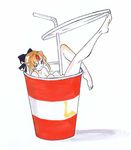  bangs bathing bow brown_hair cup disposable_cup drinking_straw forehead_jewel hair_bow hair_ribbon in_container in_cup knee_up lacress leg_up legs lid long_hair looking_at_viewer minigirl nude orichalcum_reycal orichalcum_reycal_duo outstretched_leg pale_skin partially_submerged purple_eyes ribbon simple_background sketch smile solo tsunashima_shirou white_background 