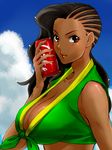  asymmetrical_hair bad_id bad_pixiv_id black_hair blue_sky breasts brown_eyes can cleavage cloud coca-cola cornrows crop_top dark_skin day frogcage front-tie_top highres large_breasts laura_matsuda lips long_hair sky sleeveless soda_can solo strap_gap street_fighter street_fighter_v very_dark_skin wavy_hair 