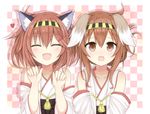  :d ^_^ absurdres ahoge alternate_costume animal_ears brown_eyes brown_hair cat_ears closed_eyes commentary_request cosplay detached_sleeves dog_ears folded_ponytail hair_ornament hairband hairclip highres ikazuchi_(kantai_collection) inazuma_(kantai_collection) kantai_collection kemonomimi_mode kongou_(kantai_collection) kongou_(kantai_collection)_(cosplay) looking_at_viewer multiple_girls nontraditional_miko open_mouth short_hair smile yamiarisu 