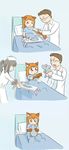  2girls animal_ears aqua_background black_hair brown_hair cancer_(disease) cat_ears cat_paws child comic doctor drawfag glasses happy hospital monster_girl multiple_girls nurse original paws sick silent_comic source_request stuffed_animal stuffed_toy syringe tail tears tray 