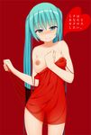  aqua_eyes aqua_hair ass_visible_through_thighs breasts breasts_outside commentary_request cowboy_shot dress dress_pull hatsune_miku highres large_breasts long_hair looking_at_viewer naughty_face nipples no_bra no_panties papino red_background red_dress see-through solo standing translated twintails very_long_hair vocaloid 