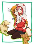  2girls :/ ? animal animal_hood ankle_boots blue_eyes boots border bunny dog dog_hood full_body green_border hand_in_another's_pocket holding holding_animal hood hooded_jacket hoodie jacket kousaka_honoka looking_at_another love_live! love_live!_school_idol_festival love_live!_school_idol_project miso-ha_(ukyuu) multiple_girls nishikino_maki orange_hair outside_border pantyhose purple_eyes red_hair shorts simple_background spoken_ellipsis spoken_question_mark sweater white_background 