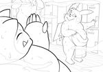  anthro anthrofied barefoot black_and_white blush changing_room digital_drawing_(artwork) digital_media_(artwork) duo_focus embarrassed ero_(character) eroborus eye_contact faceless_male group line_art male mammal monochrome muscular nintendo nude overweight pikachu plantigrade pok&eacute;mon rodent snorlax sweat towel unknown_species video_games waving 