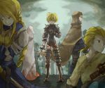  3boys agrias_oaks armor blonde_hair braid cidolfus_orlandeau final_fantasy final_fantasy_tactics gloves long_hair multiple_boys mustadio_bunansa poppo_(milkxx) ramza_beoulve single_braid sword weapon yellow_eyes 