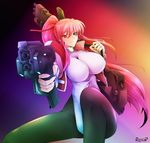  breasts commentary_request fingerless_gloves gloves gun haganef handgun impossible_clothes kalvia large_breasts long_hair looking_at_viewer original pink_eyes pink_hair ponytail rifle skin_tight smile solo weapon 