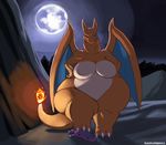  2011 3_toes breasts charizard claws domination eyelashes eyes_closed female fire glowing hands_on_hips hi_res horn kazecat larger_female male moon moonlight mountain nidoran night nintendo overweight pok&eacute;mon size_difference sky smile stomping toe_claws toes underfoot video_games wide_hips wings 
