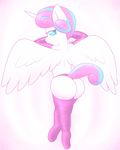  2016 anthro anthrofied blue_eyes blue_hair butt clothing elbow_gloves equine feathered_wings feathers female flurry_heart_(mlp) friendship_is_magic gloves hair hi_res horn lamiaaaa legwear looking_back mammal multicolored_hair my_little_pony panties pink_hair simple_background smile solo spread_wings thigh_highs two_tone_hair underwear winged_unicorn wings young 