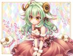  ahoge animal_ears bad_id bad_pixiv_id bangs bare_shoulders blush bow breasts cleavage cleavage_cutout curly_hair dress green_hair horns long_hair medium_breasts original sheep sheep_ears sheep_girl sheep_horns sleeveless sleeveless_dress solo ueno_tsuki yellow_eyes 