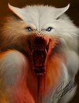  2015 ambiguous_gender angry anthro blood blood_on_mouth blue_eyes canine detailed fangs front_view fur headshot_portrait hi_res looking_at_viewer mammal open_mouth portrait russfairchild sharp_teeth simple_background solo teeth whiskers white_fur wolf 