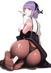  absurdres ass black_legwear black_panties breasts covered_nipples dagashi_kashi feet food from_behind hairband heart heart-shaped_pupils highres large_breasts looking_at_viewer looking_back nero_(nilu) panties panties_over_pantyhose pantyhose popsicle purple_eyes purple_hair seiza shidare_hotaru short_hair simple_background sitting skirt skirt_lift solo suggestive_fluid suspender_skirt suspenders symbol-shaped_pupils thong underwear white_background 