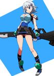  blue_eyes blush braid breasts cleavage gloves gun hair_ornament hairclip large_breasts object_behind_back seolla_schweizer shirono short_hair silver_hair smile solo super_robot_wars super_robot_wars_original_generation weapon 