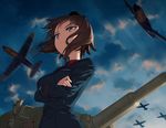  aircraft airplane blew_andwhite brown_eyes brown_hair cloud cloudy_sky crossed_arms dress_shirt from_below fw_190 garrison_cap girls_und_panzer ground_vehicle hat headwear_removed jacket jpeg_artifacts kuromorimine_military_uniform long_sleeves military military_uniform military_vehicle motor_vehicle nishizumi_maho red_shirt shirt short_hair sky solo standing tank tiger_i uniform wind 