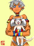 animal between_breasts blue_eyes blush_stickers bracelet breasts cat cat_focus cat_lingerie cleavage_cutout crossed_arms dark_skin earrings elena_(street_fighter) highres holding holding_animal jewelry made_in_japan_(karakoro14) meme_attire neck_ring short_hair solo street_fighter yellow_background 