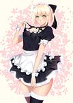  ahoge alternate_costume apron bad_id bad_pixiv_id bangs black_bow black_dress black_legwear black_ribbon blonde_hair blush bow breasts choker closed_mouth cowboy_shot dress fate_(series) floral_background frills hair_bow half_updo holding koha-ace large_breasts looking_at_viewer maid maid_headdress okita_souji_(fate) okita_souji_(fate)_(all) puffy_short_sleeves puffy_sleeves red_lips ribbon shei99 short_dress short_hair short_sleeves solo thighhighs waist_apron white_apron wrist_cuffs yellow_eyes 
