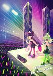  aori_(splatoon) artist_name black_dress black_hair closed_eyes concert detached_collar domino_mask dress earrings english food food_on_head glowstick green_hair green_legwear hand_on_hip highres hotaru_(splatoon) jewelry long_hair lopuii mask mole mole_under_eye multiple_girls niconico object_on_head pantyhose pointy_ears purple_hair purple_legwear shoes short_dress short_hair short_jumpsuit smile splatoon_(series) splatoon_1 standing strapless strapless_dress tentacle_hair waving 