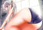  ass bangs bishoujo_mangekyou black_ribbon blue_eyes blue_swimsuit breasts cameltoe eyebrows fang flower from_behind from_below hair_ribbon kagarino_kirie long_hair looking_at_viewer nipples open_mouth profile ribbon rose silver_hair small_breasts solo swimsuit topless water_drop wet white_hair window yhes70903 