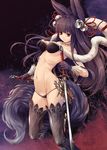  animal_ears arched_back bell brown_hair dual_wielding erune fur fur_trim granblue_fantasy groin hair_bell hair_ornament holding jewelry jingle_bell kirishima_satoshi long_hair navel necklace panties solo sword tail thighhighs underwear weapon yuel_(granblue_fantasy) 