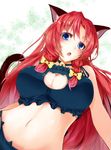  animal_ears bed_sheet bell blue_eyes blush braid breasts cat_cutout cat_ears cat_lingerie cat_tail cleavage cleavage_cutout hair_ribbon hong_meiling jingle_bell kemonomimi_mode large_breasts long_hair lying meme_attire navel on_back open_mouth red_hair ribbon ryuushou solo tail touhou twin_braids 