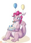  2016 alasou alternate_species anthro balloon blue_eyes cake dragon female food friendship_is_magic hair hi_res holding_object long_tongue my_little_pony patreon pink_hair pinkie_pie_(mlp) simple_background sitting solo tongue tongue_out white_background 