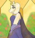  anthro boss_monster breasts brown_eyes cape caprine clothing crown dress eyeshadow female fur gloves goat half-closed_eyes hi_res horn irhornytemplrs long_ears makeup mammal monster queen royalty smile solo toriel underswap undertale video_games white_fur 