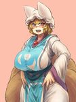  alternate_eye_color blonde_hair blush breasts brown_eyes chanta_(ayatakaoisii) curvy dress eyebrows eyebrows_visible_through_hair fluffy fox_tail hands_on_hips hat highres huge_breasts long_sleeves looking_at_viewer multiple_tails open_mouth pillow_hat plump short_hair simple_background solo tabard tail taut_clothes teeth thick_thighs thighs tongue touhou white_dress wide_hips yakumo_ran 