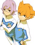  crossed_arms earth_eleven from_above glasses green_eyes inazuma_eleven_(series) inazuma_eleven_go inazuma_eleven_go_galaxy jacket lightning_bolt male_focus manabe_jin'ichirou minaho_kazuto multiple_boys orange_hair pants purple_hair sekina track_jacket track_pants track_suit white_background 