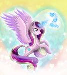  &lt;3 2015 abstract_background chanceyb cutie_mark equine feathered_wings feathers female feral flying friendship_is_magic fur hair horn magic mammal multicolored_hair my_little_pony pink_feathers pink_fur princess_cadance_(mlp) purple_eyes smile solo spread_wings winged_unicorn wings 