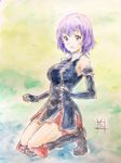  :d black_gloves black_legwear blush boots collar dress elbow_gloves gloves hai_to_gensou_no_grimgar looking_at_viewer multicolored multicolored_background nii_manabu open_mouth purple_eyes purple_hair seiza shihoru_(grimgar) short_hair signature sitting smile solo thighs traditional_media watercolor_pencil_(medium) 
