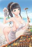  apron ass bad_id bad_pixiv_id bangs bare_shoulders beach black_hair blue_sky bottle braid bread breasts can cleavage cloud collarbone cooking crown_braid cutting_board day eyelashes fire food fork green_eyes grill grilling hairband highres holding holding_can holding_fork kebab large_breasts leaning_forward long_hair looking_at_viewer makeup mascara meat naked_apron ocean original outdoors ponytail ribs_(food) sausage sideboob sidelocks skewer sky smile soda_can solo standing steak strap_slip zhean_li 