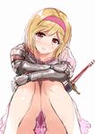  :d aldehyde armor bare_legs between_legs blonde_hair blush collarbone djeeta_(granblue_fantasy) dress fighter_(granblue_fantasy) frills gauntlets granblue_fantasy hairband head_tilt open_mouth pink_dress pink_hairband puffy_short_sleeves puffy_sleeves red_eyes scabbard sheath short_hair short_sleeves simple_background sketch smile solo sword thighs weapon white_background 