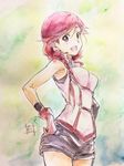  :d armpits blush braid fingerless_gloves from_side gloves hai_to_gensou_no_grimgar hair_over_shoulder hands_on_hips highres long_hair looking_at_viewer multicolored multicolored_background nii_manabu open_mouth red_eyes red_hair shirt shorts signature single_braid sleeveless sleeveless_shirt smile solo traditional_media watercolor_pencil_(medium) yume_(grimgar) 