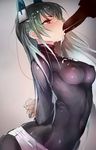  arms_behind_back blush breasts clenched_hand covered_navel covered_nipples dripping from_side full_mouth gradient gradient_background green_hair grey_background headgear highres long_hair medium_breasts menou_kaname nose_blush original pink_eyes profile silhouette simple_background skin_tight solo_focus suggestive_fluid taishi_(picchiridou) tears tsurime very_long_hair 