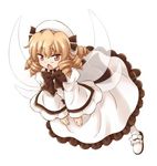  blonde_hair chestnut_mouth dress drill_hair fairy_wings full_body hat hirasaka_makoto long_hair long_sleeves looking_at_viewer lowres luna_child official_art red_eyes shoes simple_background solo touhou touhou_sangetsusei white_background white_dress wide_sleeves wings 