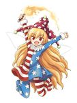  american_flag_dress american_flag_legwear arms_up bangs blonde_hair clownpiece dress fairy_wings frilled_shirt_collar frills hat hirasaka_makoto jester_cap long_hair lowres neck_ruff official_art open_mouth pantyhose polka_dot red_eyes short_dress simple_background solo striped striped_dress striped_legwear torch touhou touhou_sangetsusei very_long_hair white_background wings 