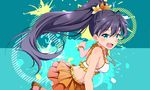  antenna_hair aqua_eyes bikini black_hair bracelet earrings fang ganaha_hibiki high_ponytail hoop_earrings idolmaster idolmaster_(classic) idolmaster_one_for_all jewelry kyu long_hair looking_at_viewer midriff necklace open_mouth ponytail solo swimsuit very_long_hair 