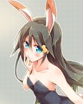  animal_ears bangs bare_shoulders black_hair blue_eyes blush breasts bunny_ears bunny_girl bunny_tail bunnysuit cleavage closed_mouth embarrassed from_side grey_background hair_between_eyes hair_ornament hairclip hand_on_own_face hand_to_own_mouth izumi_reina leotard long_hair looking_at_viewer musaigen_no_phantom_world outline rinrin_(927413) simple_background small_breasts solo strapless strapless_leotard tail upper_body very_long_hair 