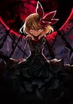  bare_shoulders black_gloves blonde_hair chain collar elbow_gloves gloves grin hair_ribbon highres karlwolf looking_at_viewer outstretched_arms red_eyes red_ribbon ribbon rumia short_hair skirt smile solo touhou 