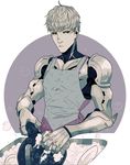  1boy apron black_sclera blonde_hair bubble cyborg dishwashing frying_pan genos highres male_focus mechanical_arms one-punch_man pontyk sink solo sponge upper_body 