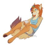  2015 ailuranthropy anthro blue_eyes breasts canine cleavage clothed clothing coyote cup female mammal sitting smile solo 