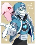  &lt;3 &lt;3_eyes :3 ambiguous_gender baseball_cap blue_eyes blue_hair blush duo eyelashes ghost hair hair_over_eye hat headphones machine male mettaton napstablook pink_body pointing robot smile spirit underswap undertale video_games yukiblue94 