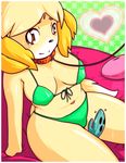 1girl animal_crossing animal_ears bikini blonde_hair blush breasts brown_eyes clothed clothing collar dog_collar dog_ears doubutsu_no_mori female female_only furry hair invalid_tag isabelle isabelle_(animal_crossing) kneeling leash looking_at_viewer navel nintendo shizue_(doubutsu_no_mori) short_hair skajrzombie smile solo solo_focus stomach sweat swimsuit video_games 