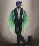  2013 anthro avian beak belt biped bird black_bottomwear black_clothing black_topwear blue_feathers blue_hair brown_background clothed clothing crossed_legs digital_drawing_(artwork) digital_media_(artwork) dress_shirt eyebrows feathered_wings feathers footwear front_view full-length_portrait fully_clothed green_feathers green_wings hair hands_in_pockets hat javan_trogon lighting looking_at_viewer male nyil pants portrait purple_eyes shadow shirt shoes short_hair simple_background smile solo standing top_hat trogon trogonid two_tone_wings vest white_clothing white_topwear winged_arms wings yellow_beak yellow_sclera 