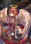  angel angel_wings arm_support armor aurora_rokudo blue_eyes breastplate brown_hair feathered_wings gauntlets halo knight original pauldrons sitting skirt solo sword weapon wings 
