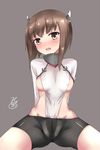  arms_behind_back bike_shorts blush breasts brown_eyes brown_hair cowboy_shot crotch grey_background hair_between_eyes headband headgear jotarozaku kantai_collection legs_apart looking_to_the_side no_pants open_mouth simple_background small_breasts solo spread_legs taihou_(kantai_collection) 