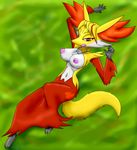  breasts chameloshi delphox ear_tuft erect_nipples exposed_breasts female fur jewelry licking licking_lips looking_at_viewer lying necklace nintendo nipples on_back pok&eacute;mon red_eyes red_fur smile solo tongue tongue_out tuft video_games white_fur yellow_fur 