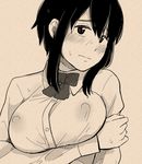  black_hair blouse blush borrowed_character bow breast_hold breasts covered_nipples hand_on_own_stomach head_tilt kiiroi_tamago large_breasts looking_at_viewer monochrome original sawada_manami sepia sidelocks solo sweat upper_body wavy_mouth 