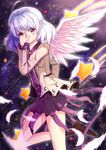  ahoge angel_wings ass aura backlighting boots bow braid brown_footwear brown_jacket dress feathers french_braid hand_over_eye hand_over_face jacket kai_(lolicc) kishin_sagume leg_up legs light_particles long_sleeves looking_at_viewer looking_to_the_side motion_lines pink_eyes purple_dress shiny shiny_hair shooting_star short_dress short_hair silver_hair single_wing solo space star thighs touhou wings 