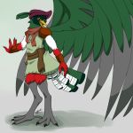  2018 4_fingers 4_toes aarakocra anisodactyl anthro armor avian barefoot beak big_wings biped bird bird_feet black_claws black_eyes bracers bycocket claws clothed clothing digital_drawing_(artwork) digital_media_(artwork) dungeons_&amp;_dragons elegant_trogon eye_markings facial_markings feathered_wings feathers full-length_portrait fully_clothed gloves_(marking) green_feathers green_tail green_wings grey_background grey_feathers grey_wings hat hi_res jewelry leather leather_armor lighting looking_away loose_feather male markings multicolored_feathers necklace open_beak open_mouth open_smile pauldron pink_tongue portrait red_feathers scarf shadow signature simple_background smile solo standing tail_feathers talons toe_claws toes tongue trogon trogonid tunic two_tone_tail two_tone_wings white_feathers white_tail wings yami0204 yellow_beak yellow_markings 