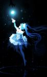  bai_yemeng blue_dress blue_eyes blue_hair breasts darkness dress glowing hair_ornament hatsune_miku heart long_hair long_sleeves reaching_out small_breasts solo_focus twintails very_long_hair vocaloid waves 
