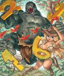  2016 abs armpits bad_id bad_pixiv_id bird blonde_hair blue_eyes boots breasts club collarbone fangs flying gorilla hand_on_headwear hand_up hat hat_tug jungle large_breasts lasso monkey nature no_bra number open_mouth original parrot running saliva shorts wavy_hair weapon yamamoto_shikaku 